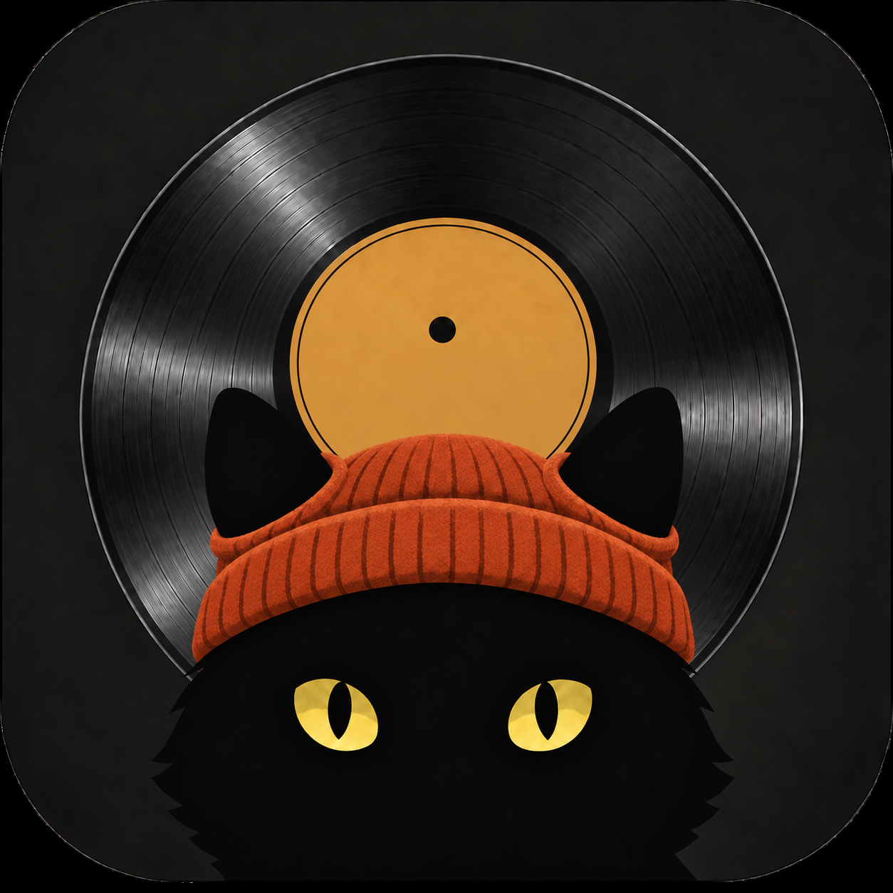 Black cat wearing a rust beanie in front of a vinyl record